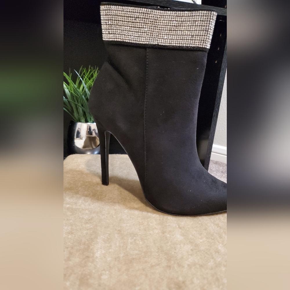 Black Faux Suede Booties with Rhinestone Accents